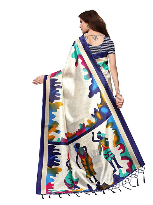 Off White, Navy Blue Color Poly Silk Saree only in Bigswipe