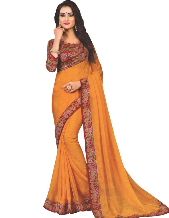 Designer Printed Saree With Blouse Yellow Color only in Bigswipe