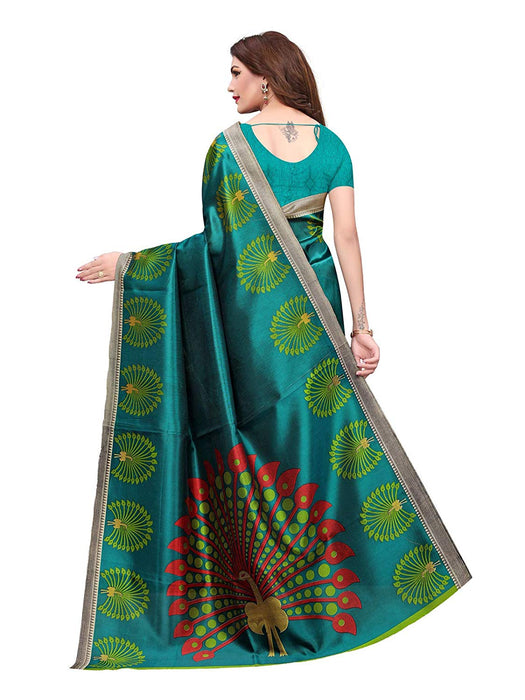 Turquoise, Multi Color Poly Silk Saree