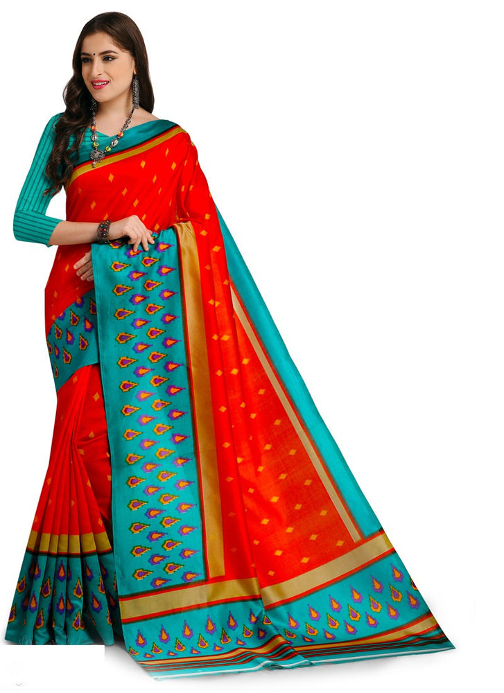 Orange, Turquoise Color  Poly Silk Saree only in Bigswipe