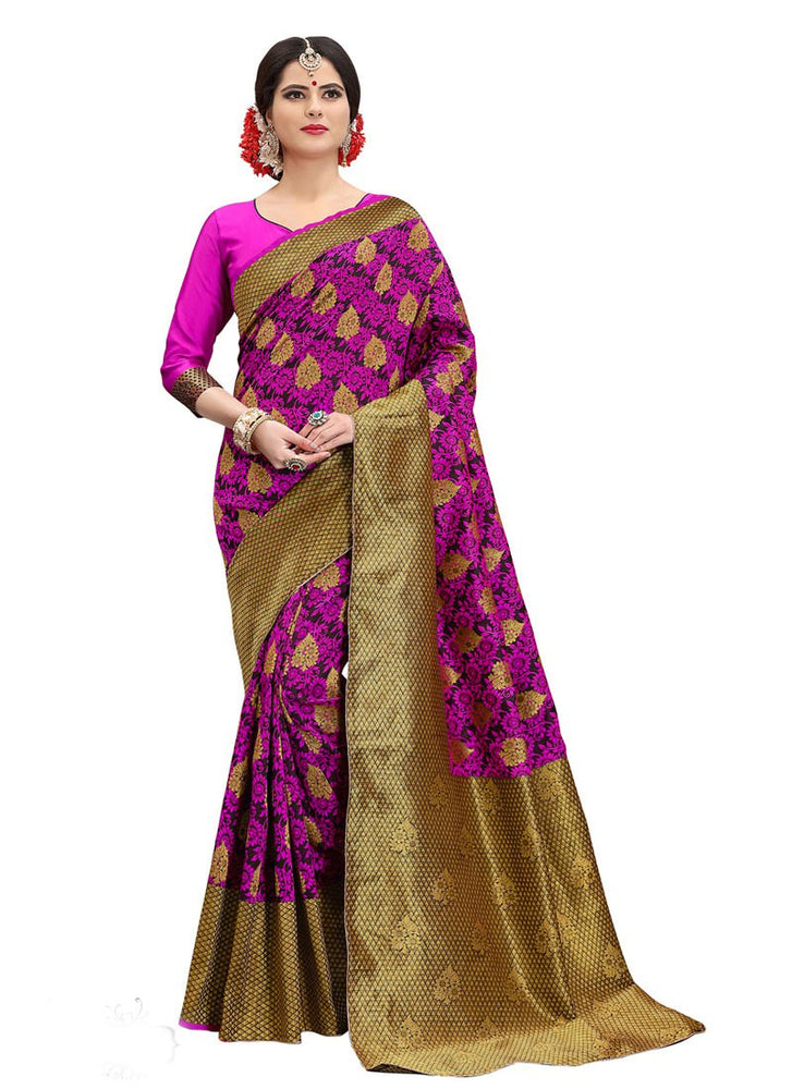 Black, Pink, Golden Color Poly Silk Saree only in Bigswipe