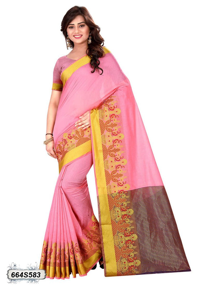 Pink, Gold Color Cotton Silk Saree only in Bigswipe