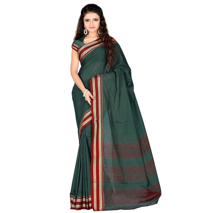 Cotton Fabric Dark Green Color Saree with Blouse only in Bigswipe