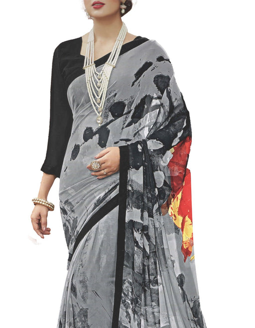 Georgette Digital Saree With Blouse-Grey Color Saree only in Bigswipe