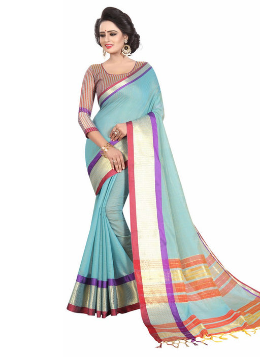 Blue, Golden Color  Cotton Silk (Poly Silk) Saree only in Bigswipe