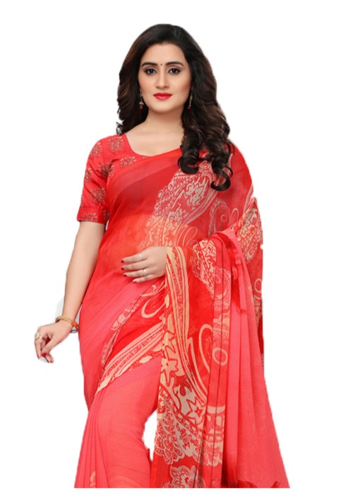 Red, Multi Color Georgette Printed Work Saree