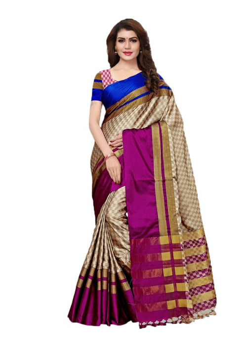 Beige, Magenta, Blue Color Poly Silk Woven Work Saree only in Bigswipe