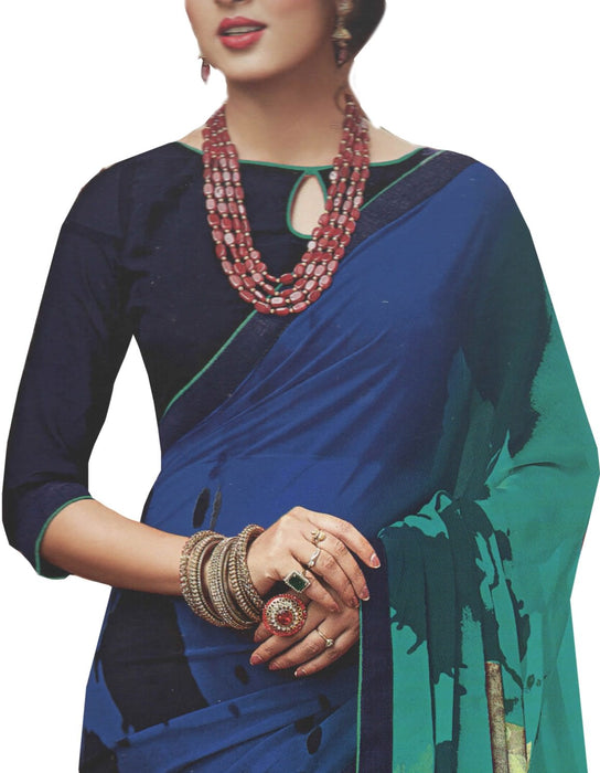 Georgette Digital Saree With Blouse-Black with Blue Color Saree only in Bigswipe