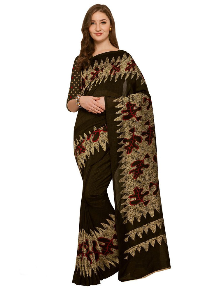 Dark Brown, Beige, Red Color Crepe Georgette Saree only in Bigswipe