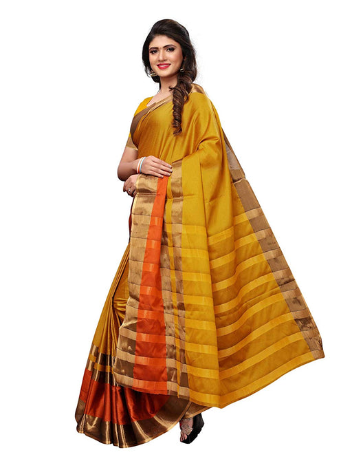 Yellow, Brown Color Poly Silk Saree