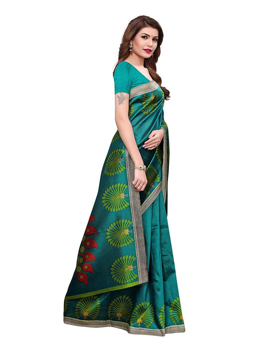 Turquoise, Multi Color Poly Silk Saree