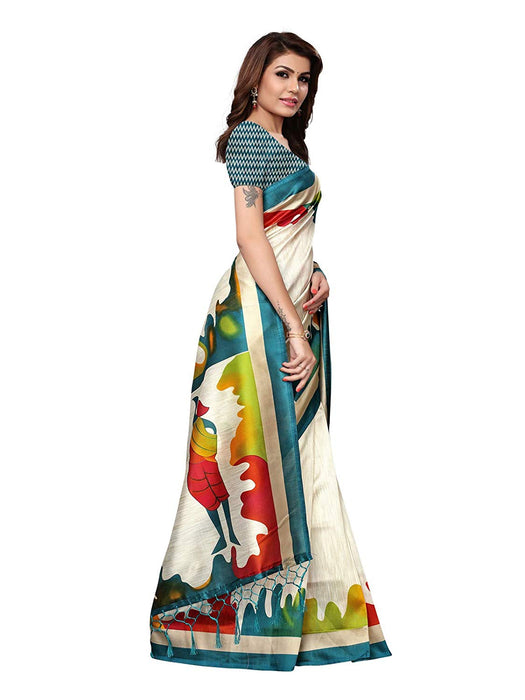 Off White, Turquoise Color Poly Silk Saree only in Bigswipe