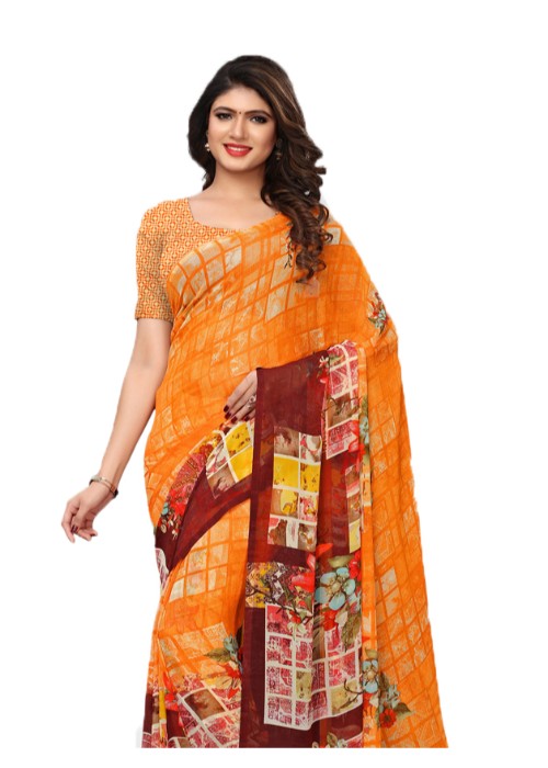 Orange, Multi Color Chiffon Printed Work Saree only in Bigswipe