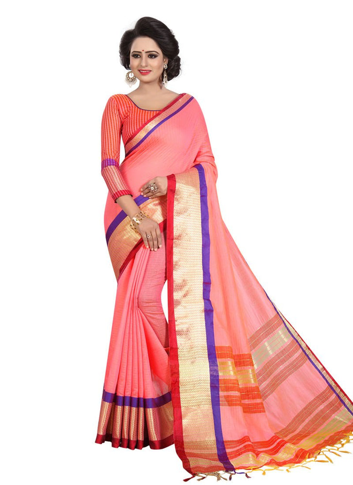 Pink, Golden Color  Cotton Silk (Poly Silk) Saree only in Bigswipe