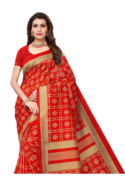 Red, Multi Color Poly Silk Printed Work Saree