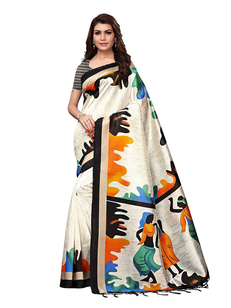 Off White, Black Color Poly Silk Saree only in Bigswipe