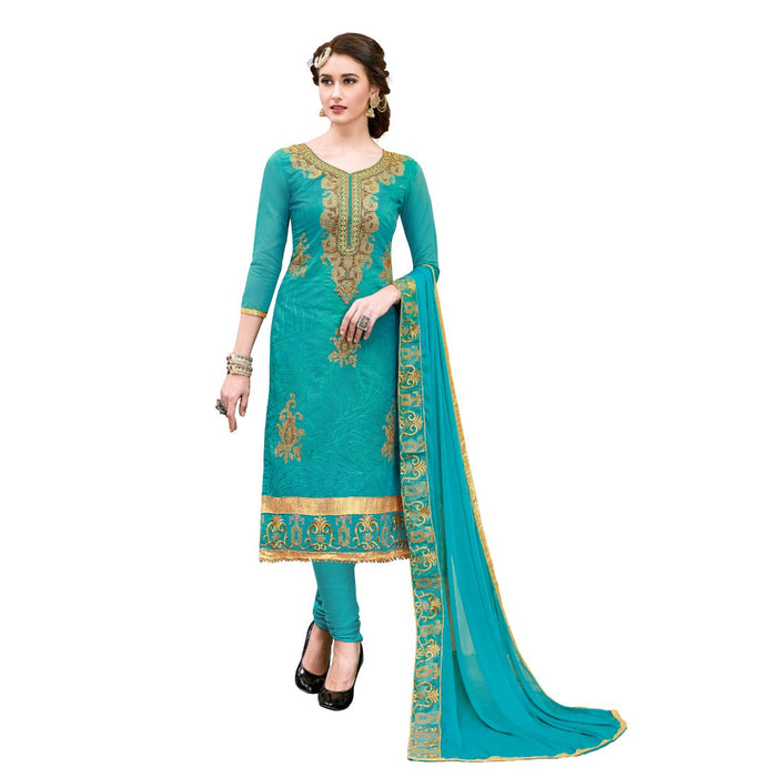 Chanderi Cotton Fabric Turquoise Color Dress Material only in Bigswipe