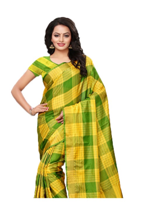 Yellow, Green Color Poly Silk Woven Checks Work Saree