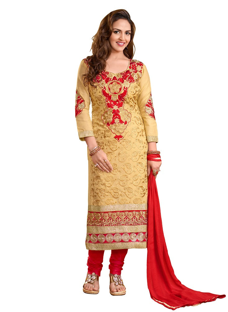 Beige cotton embroidered salwar suit dress material only in Bigswipe