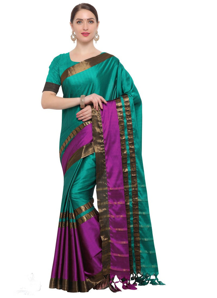 Peacock Green, Magenta Color Poly Silk Saree only in Bigswipe