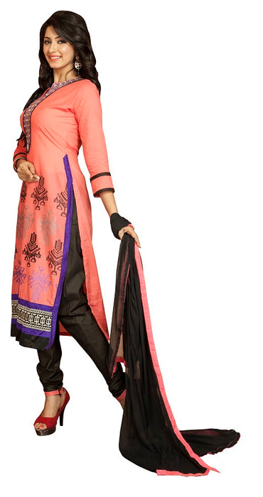 Pink &amp; Black Cotton Unstitched Embroidered Dress Material only in Bigswipe