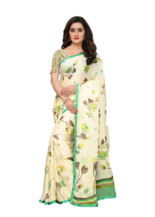 Off White, Green Color Chiffon Printed Work Saree only in Bigswipe