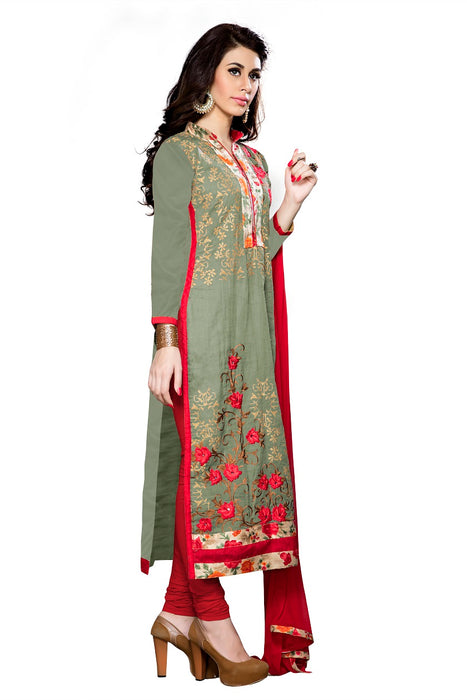 Mehendi Green Cotton Embroidered Straight Suit Material only in Bigswipe