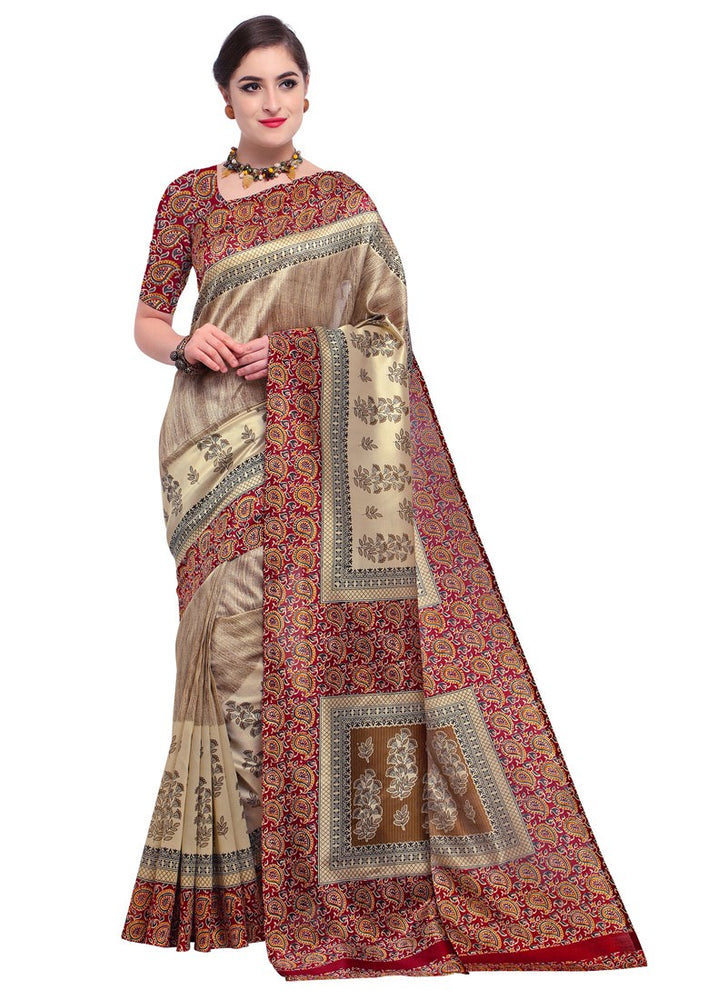 Beige, Maroon, Multi Color  Poly Silk Saree only in Bigswipe