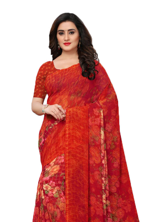 Red, Multi Color Georgette Printed Work Saree