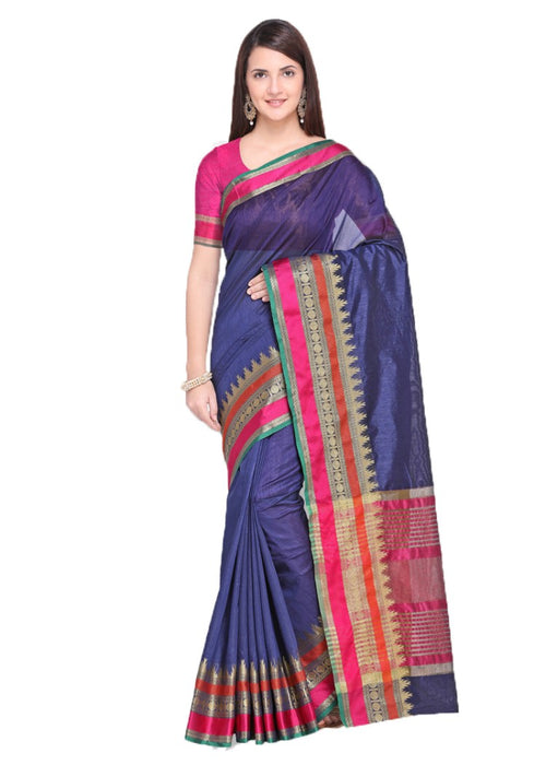 Navy Blue Color Tussar Silk (Poly Silk) Jacquard Border Work Saree only in Bigswipe