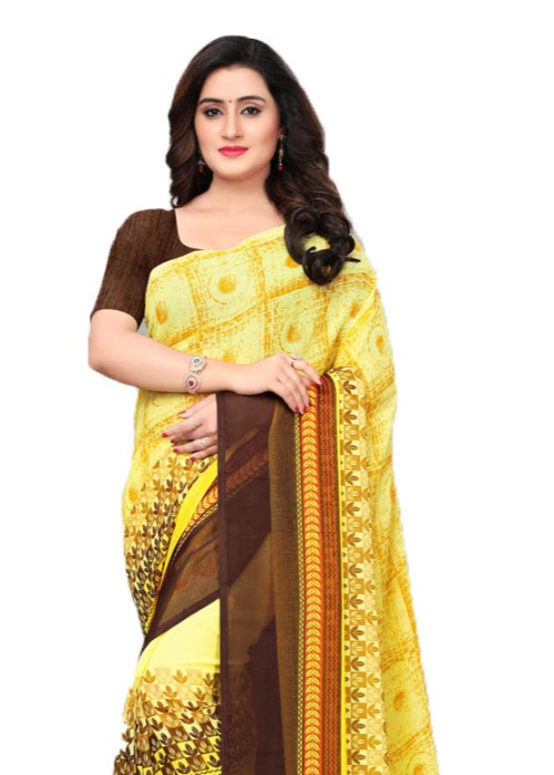 Yellow, Brown, Multi Color Georgette Plain Work Saree