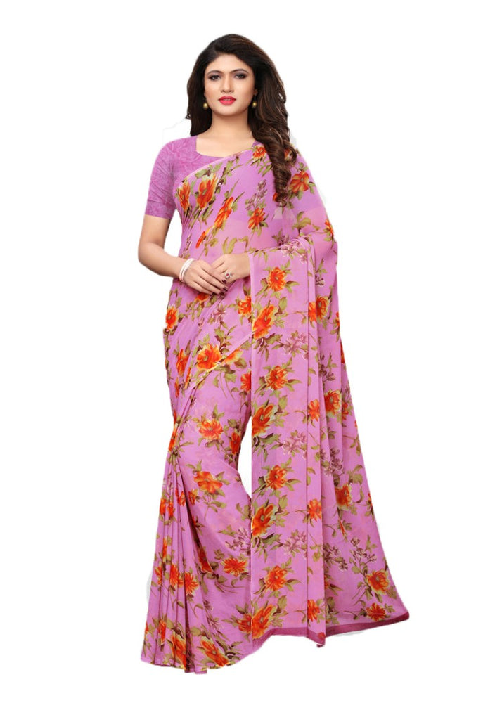 Pink, Multi Color Chiffon Printed Work Saree only in Bigswipe