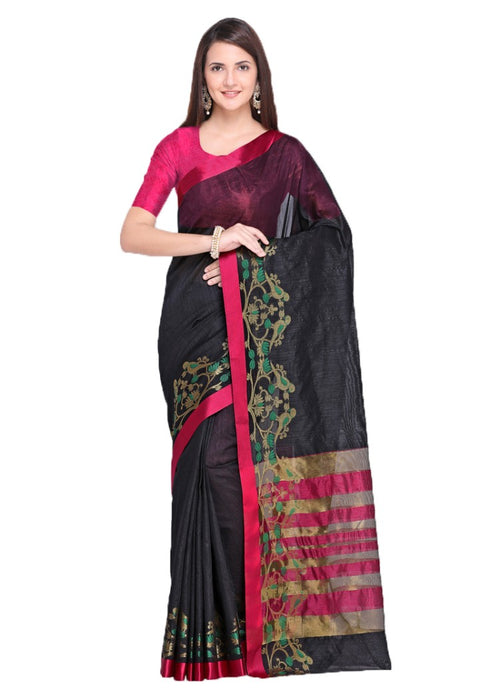 Black Color Tussar Silk (Poly Silk) Jacquard Border Work Saree only in Bigswipe