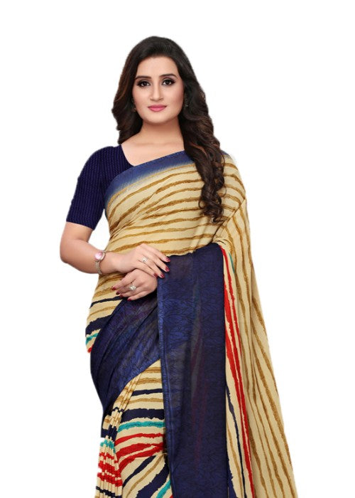 Beige, Navy Blue, Multi Color Georgette Printed Work Saree only in Bigswipe