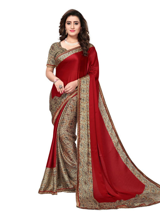 Maroon, Beige, Brown Color  Satin Saree only in Bigswipe