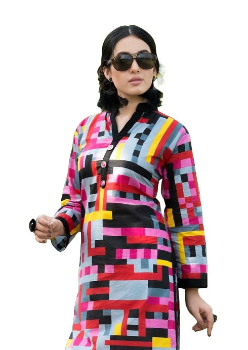 Multicolor Cotton Printed Chinese Collar Long Kurti only in Bigswipe