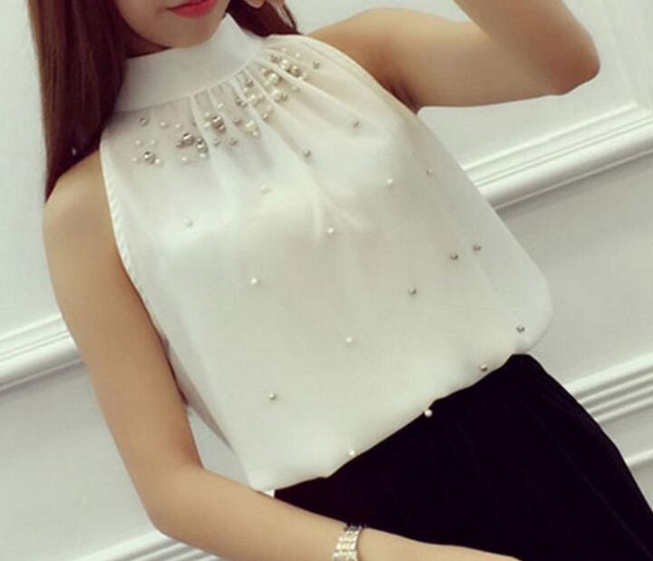 Summer Women Beading Chiffon Blouse Sleeveless Office lady Pearl Turtleneck Shirt Korean Women Tops Plus Size S-3XL Pink/White only in Bigswipe