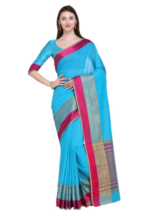 Blue Color Cotton Silk Plain Work Saree only in Bigswipe