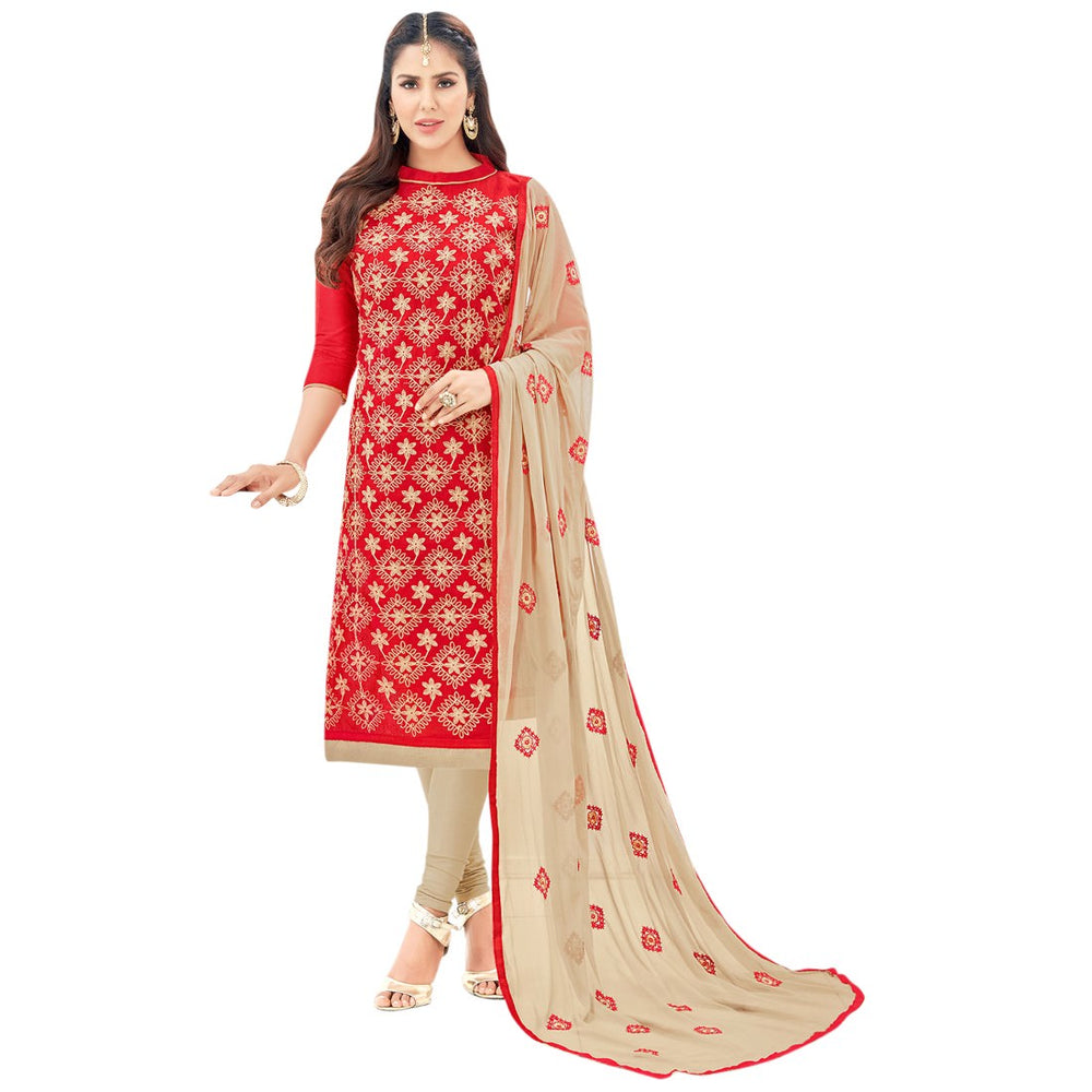 Chanderi Fabric Red Color Dress Material only in Bigswipe