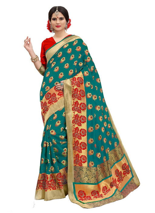 Peacock Green, Maroon, Golden Color Poly Silk Saree only in Bigswipe