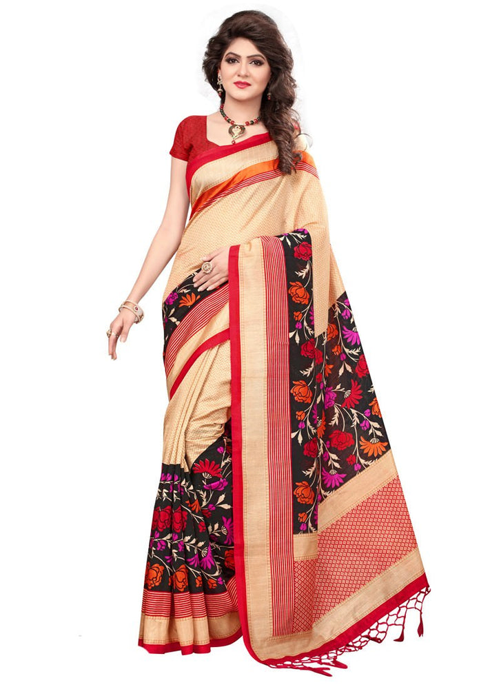 Cream, Multi Color Poly Silk Saree only in Bigswipe