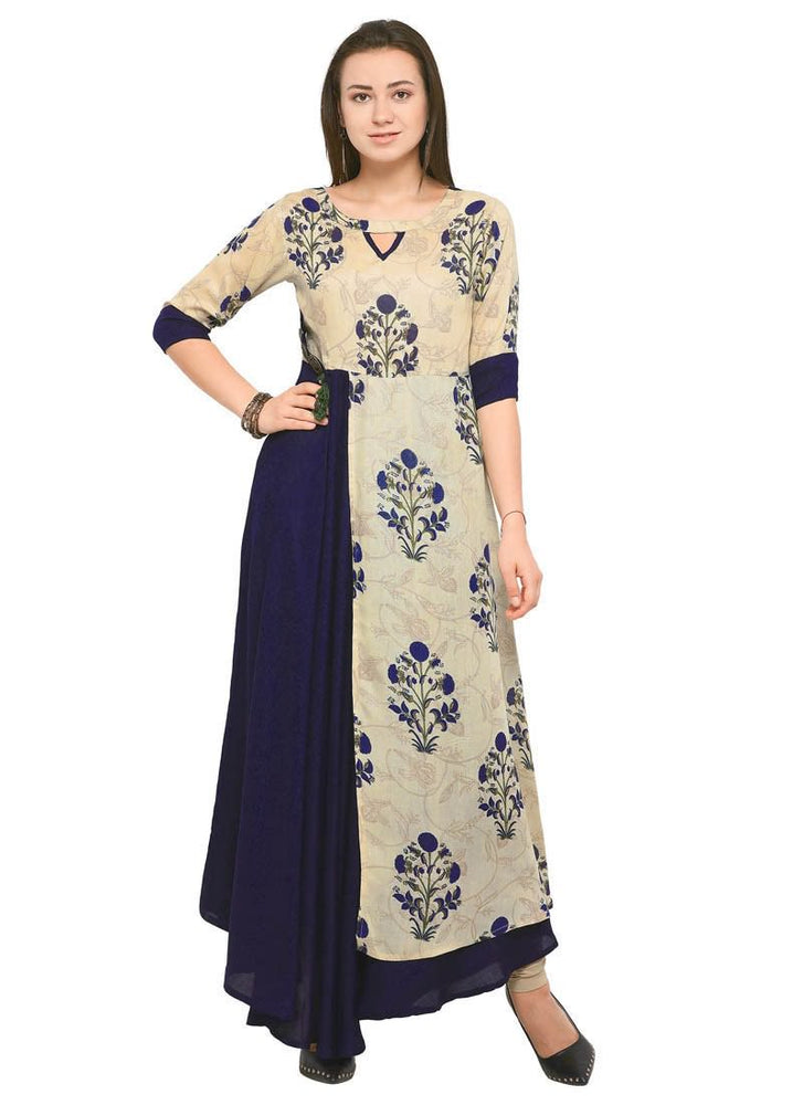 Beige, Navy Blue, Multi Color Printed, Buttons Rayon Kurti only in Bigswipe