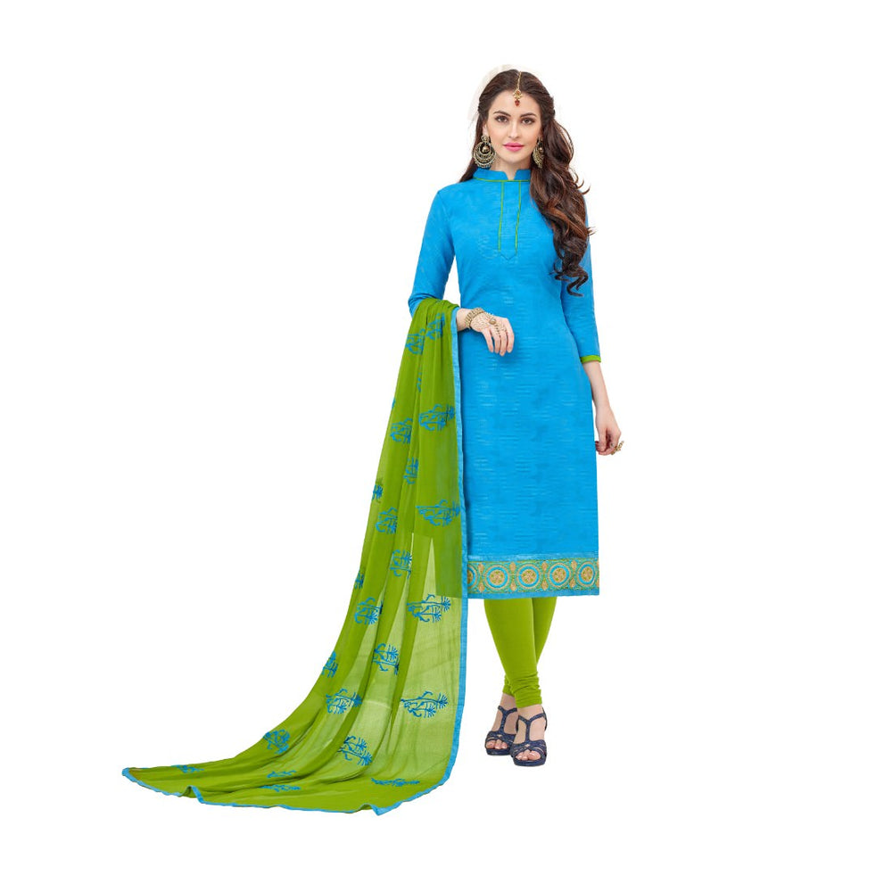 Cotton Jacquard Fabric Sky-Blue Color Dress Material only in Bigswipe