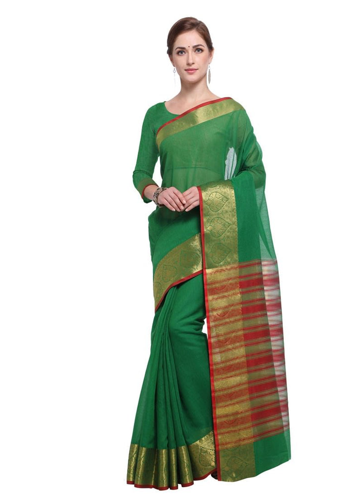 Green Color Poly Cotton Saree only in Bigswipe