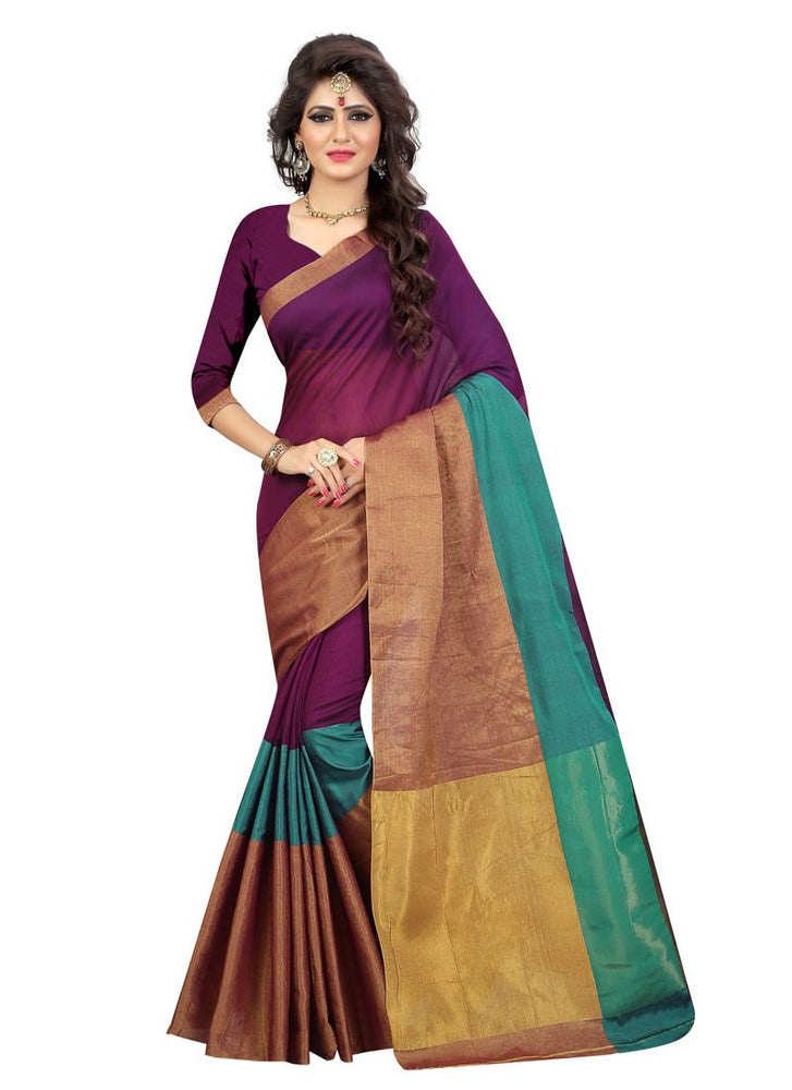 Magenta, Peacock Green, Golden Color Chanderi Silk Saree only in Bigswipe