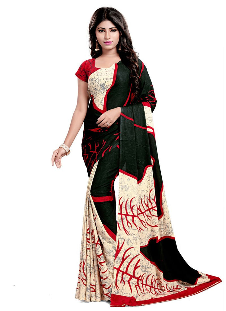 Cream, Red, Black Color Crepe Saree only in Bigswipe