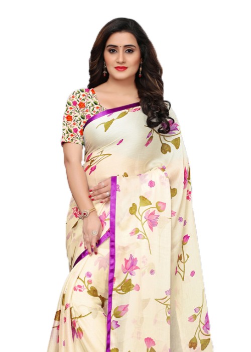 Off White, Purple Color Chiffon Printed Work Saree only in Bigswipe