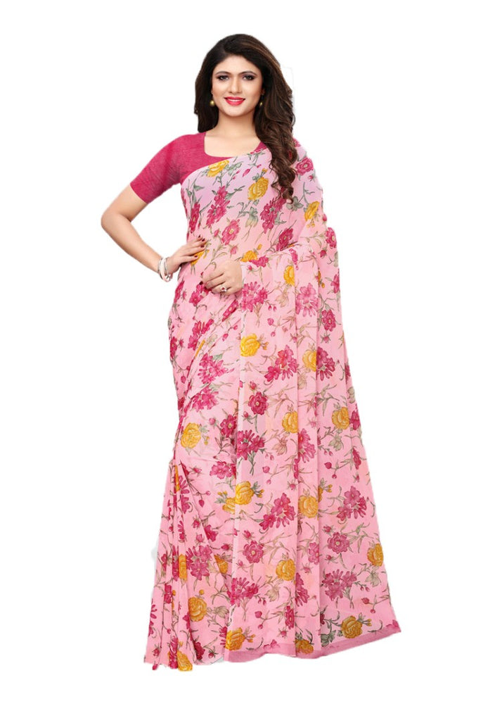 Pink, Multi Color Chiffon Printed Work Saree only in Bigswipe