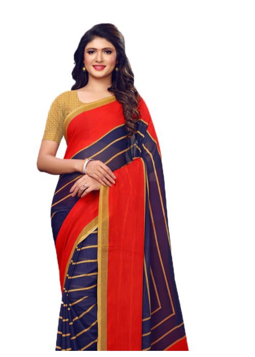 Navy Blue, Red, Beige Color Georgette Printed Work Saree only in Bigswipe