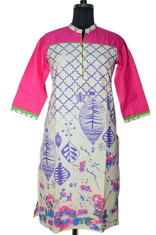 Pink Cotton Printed Round Neck Kurti only in Bigswipe